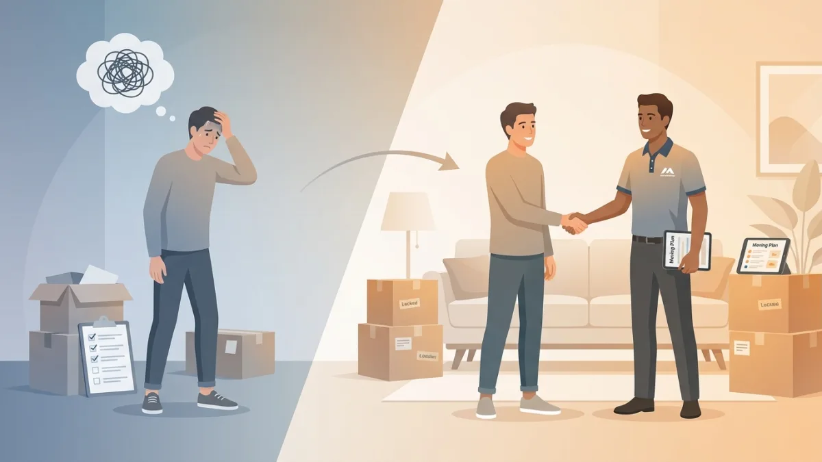 Friendly movers from House Movers Dubai helping a smiling family pack their belongings stress-free.