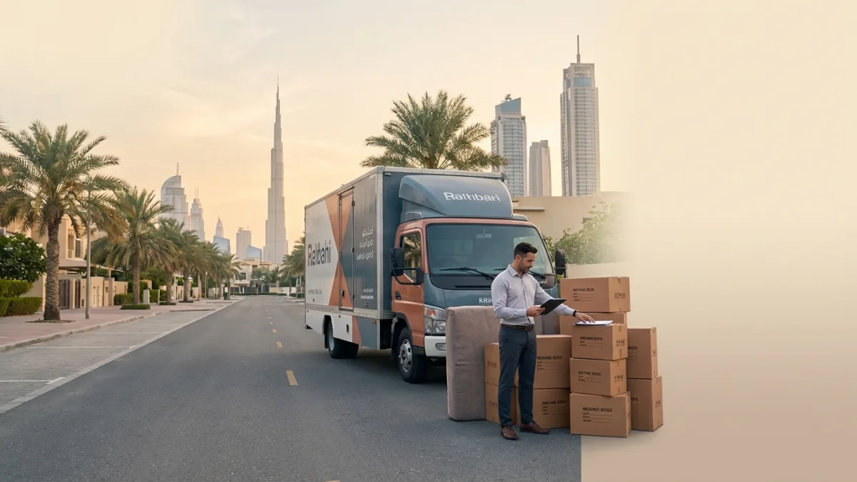 Professional movers packing boxes in a modern Dubai apartment to ensure a safe and affordable relocation.
