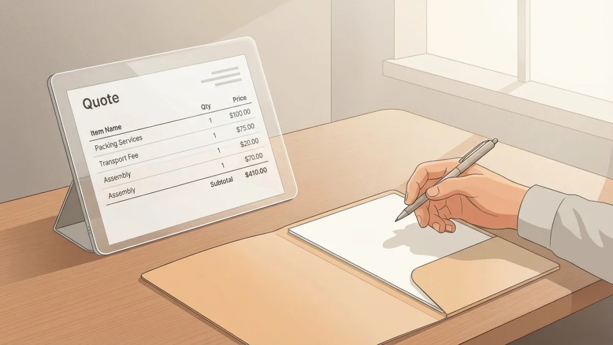 A customer reviews an itemized moving quote that guarantees transparent pricing.
